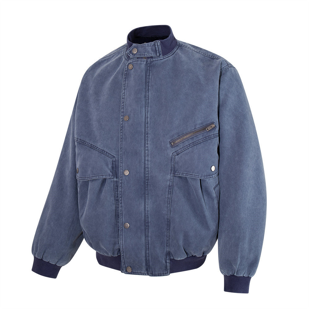 Veste bomber en toile délavée – Col montant oversize pour homme avec grandes poches