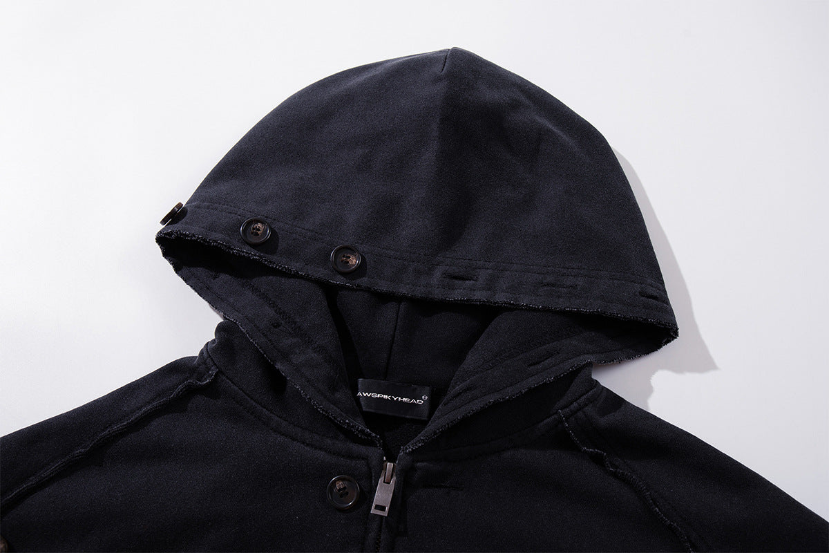 Schwerer Zip-Hoodie – Verwaschenes Schwarz, Streetwear-Design mit mehreren Knöpfen
