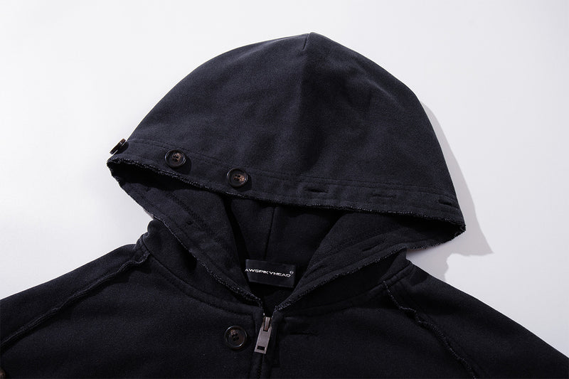 Schwerer Zip-Hoodie – Verwaschenes Schwarz, Streetwear-Design mit mehreren Knöpfen