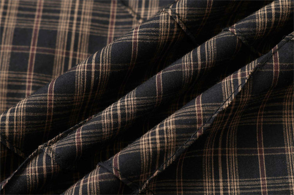 Quilted Plaid Layered-Sleeve Shirt Jacket with Graphic Print