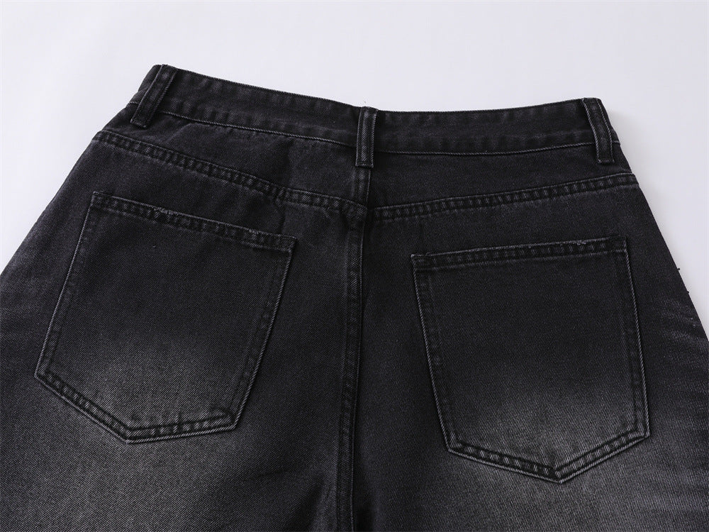 Wide-Leg Rhinestone Denim Shorts – Vintage Washed Straight-Cut Bermuda