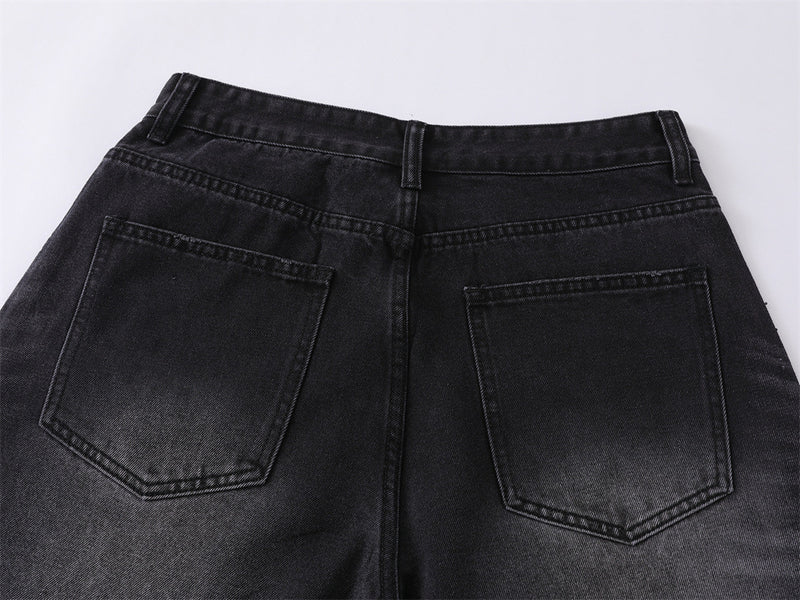 Wide-Leg Rhinestone Denim Shorts – Vintage Washed Straight-Cut Bermuda
