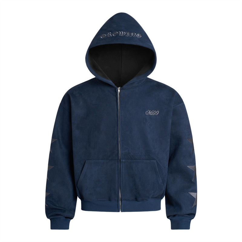 Zip-Up Hoodie with Star Sleeve Detail and Gothic Logo — Oversized Suede-Finish