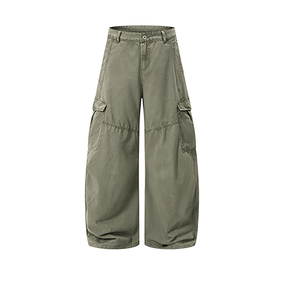 Olive green wide-leg cargo pants with side flap pockets, front view