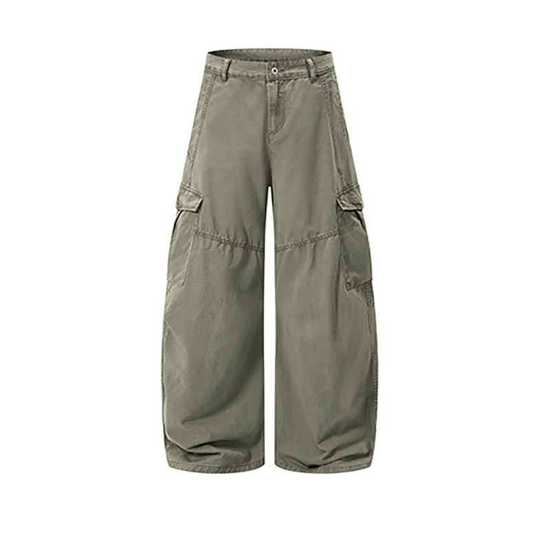 Olive green wide-leg cargo pants with side flap pockets, front view