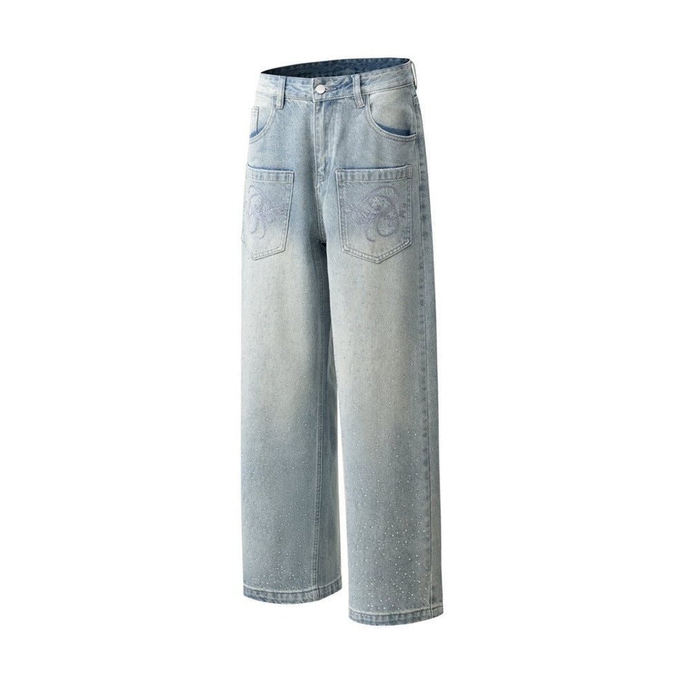 Baggy Denim Jeans Men – Rhinestone Scatter & Dragon Embroidery Wide-Leg Straight