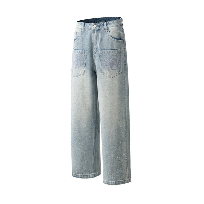 Baggy Denim Jeans Men – Rhinestone Scatter & Dragon Embroidery Wide-Leg Straight