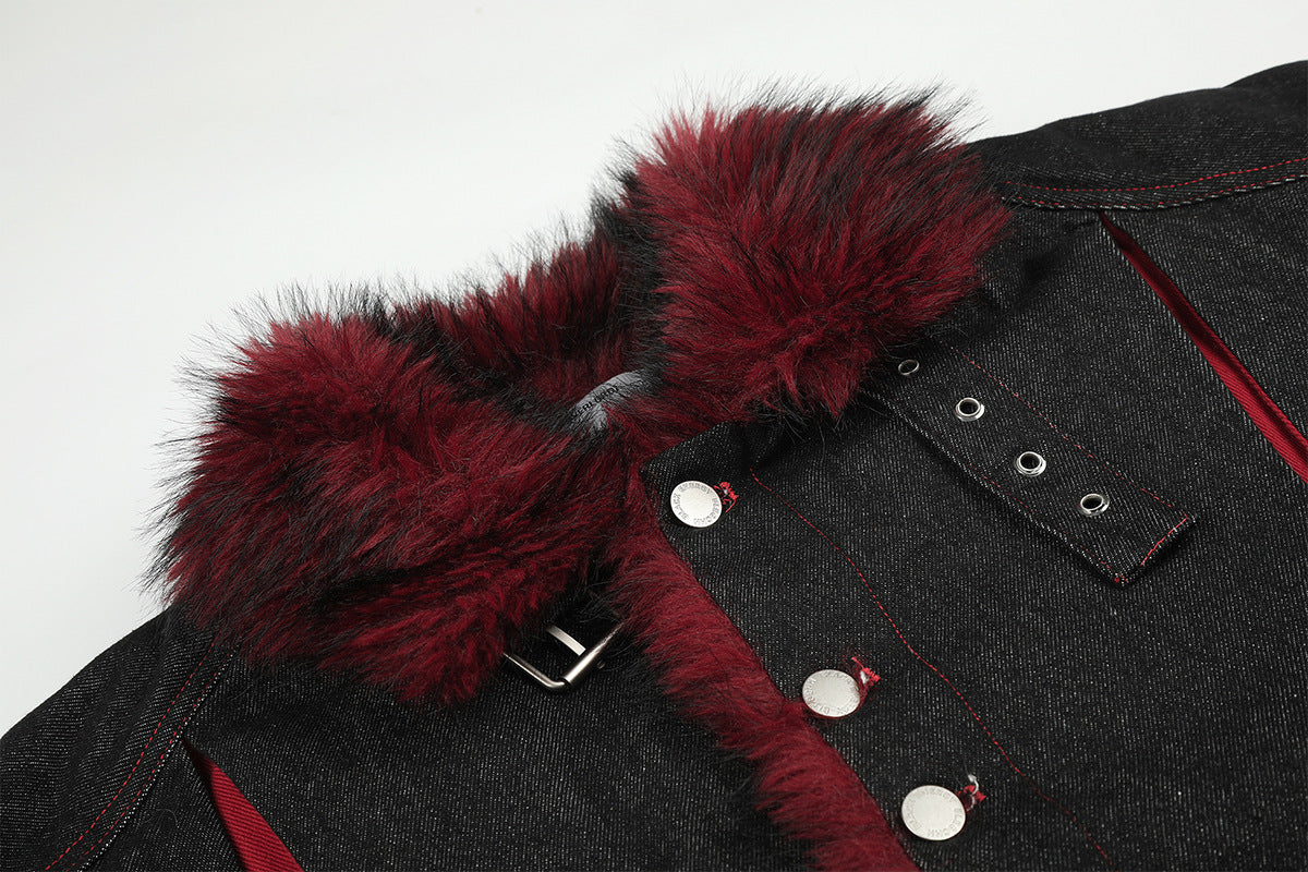 Black Denim Fur Collar Padded Jacket with Red Trim & Snap Buttons