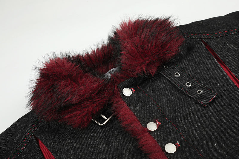 Black Denim Fur Collar Padded Jacket with Red Trim & Snap Buttons
