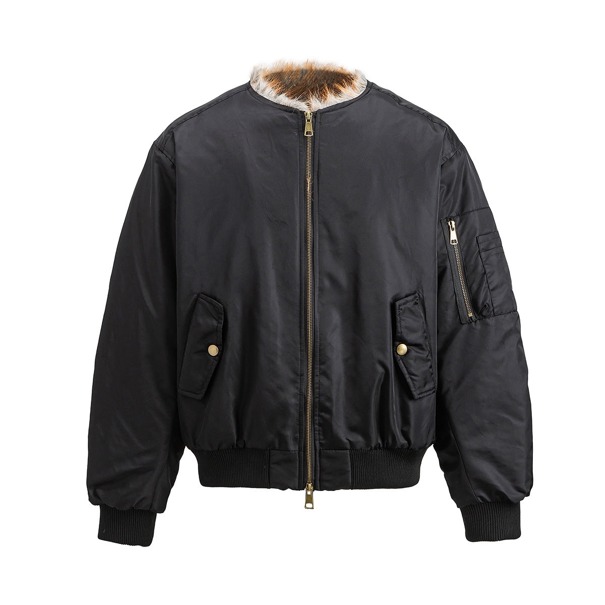 Faux Fur Collar Bomber Jacket with Quilted Lining