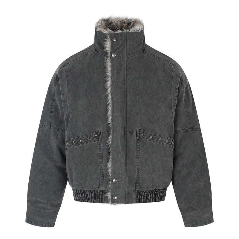 Men's Faux Fur-Lined Bomber Jacket – Studded Workwear Cotton Padded Coat