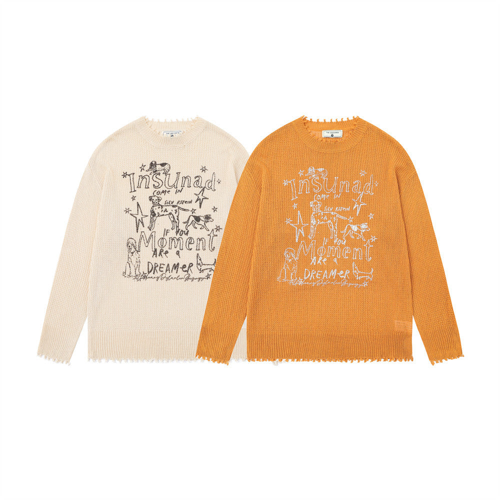 Pull en maille à col rond avec motif chien cartoon – Sweat à base usée