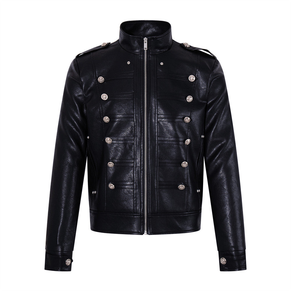 Veste militaire homme noire en similicuir PU avec boutons argentés croisés et col montant, vue de face et de dos