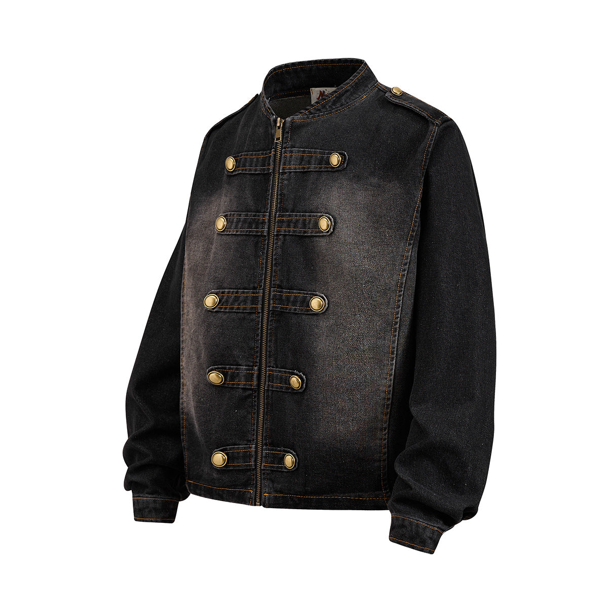 Military-Style Washed Denim Jacket – Stand Collar, Double-Breasted Button Detail