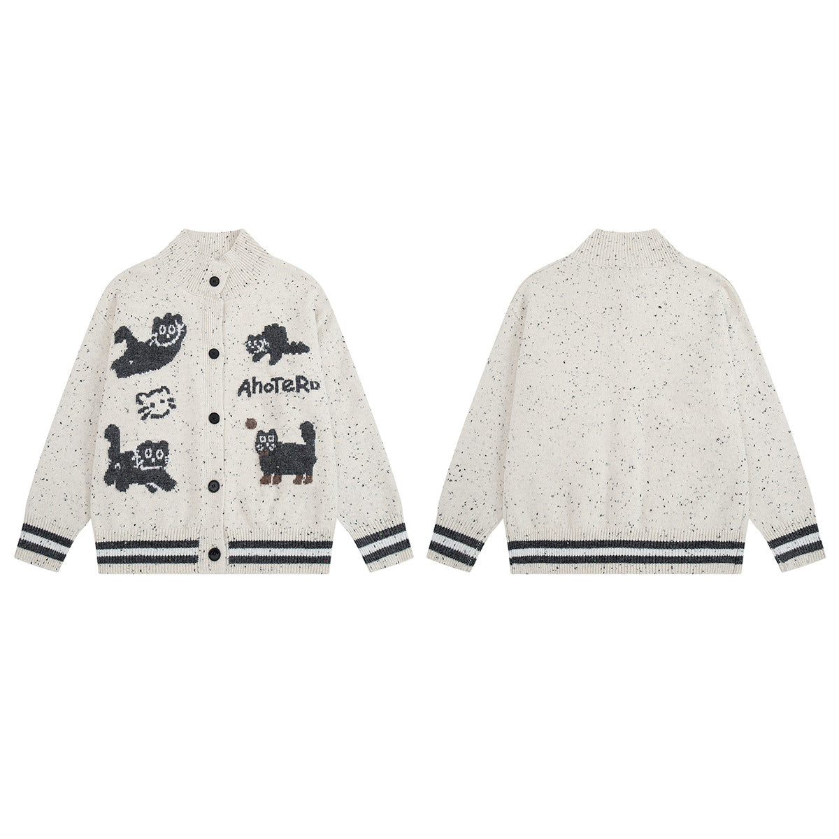 Cartoon Cat Jacquard Knit Cardigan Sweater – Varsity-Trim Button-Up