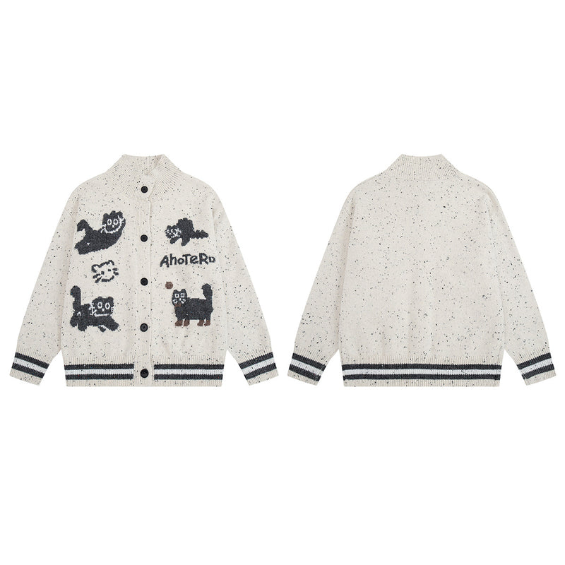 Cartoon Cat Jacquard Knit Cardigan Sweater – Varsity-Trim Button-Up