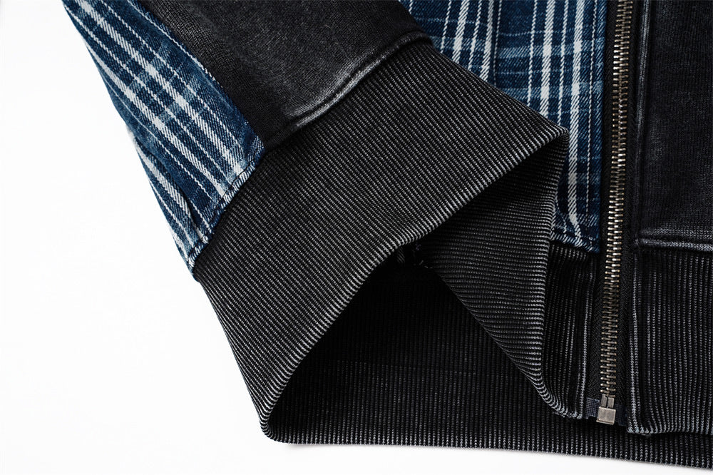 Veste hoodie zippée à patchwork écossais – Coupe oversize délavée et déconstruite