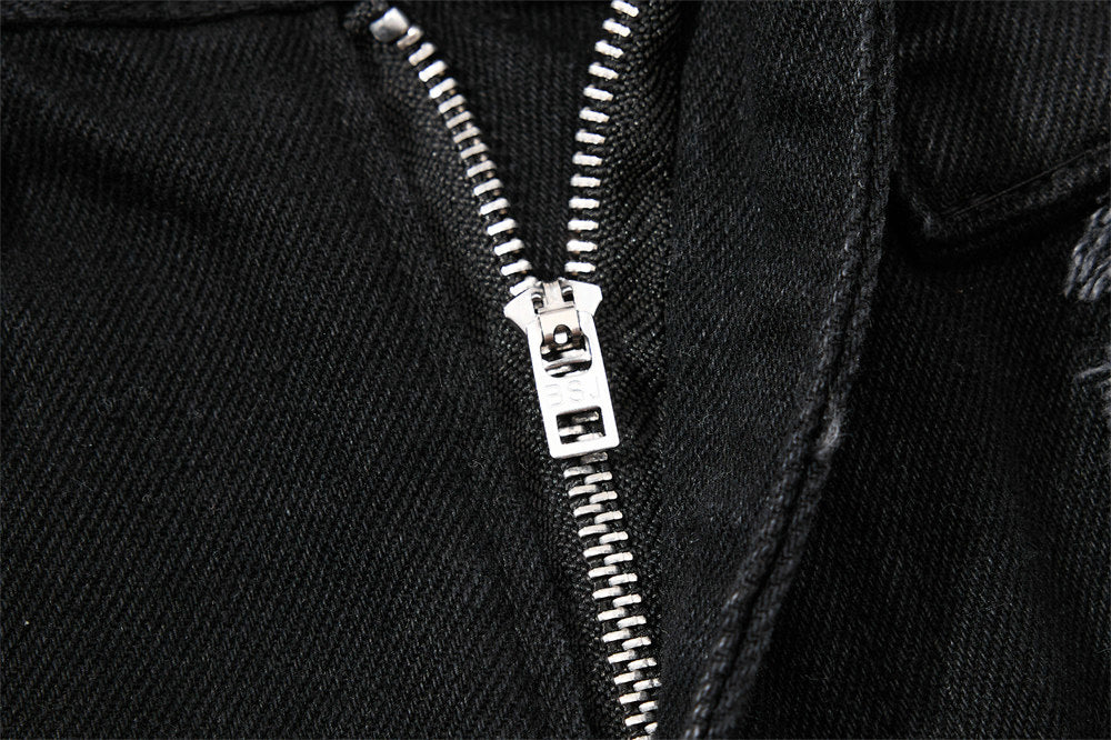 Black Wide-Leg Deconstructed Jeans – Zipper Detail & Raw-Edge Patchwork