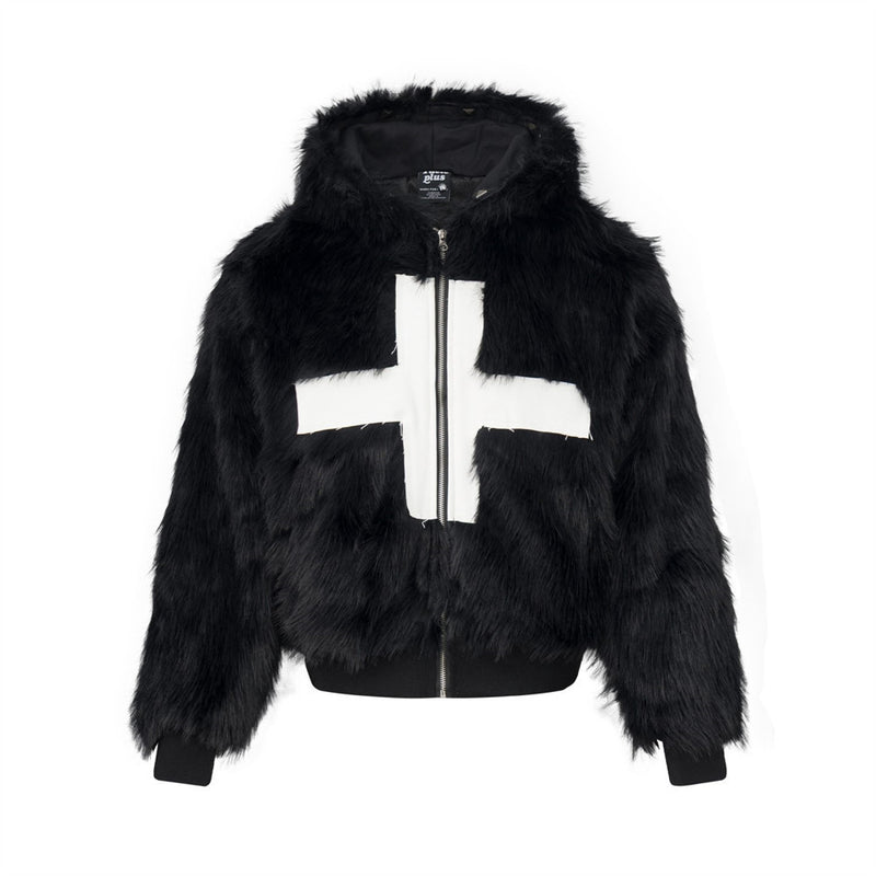Black Faux Fur Hooded Bomber Jacket with White Cross Patch