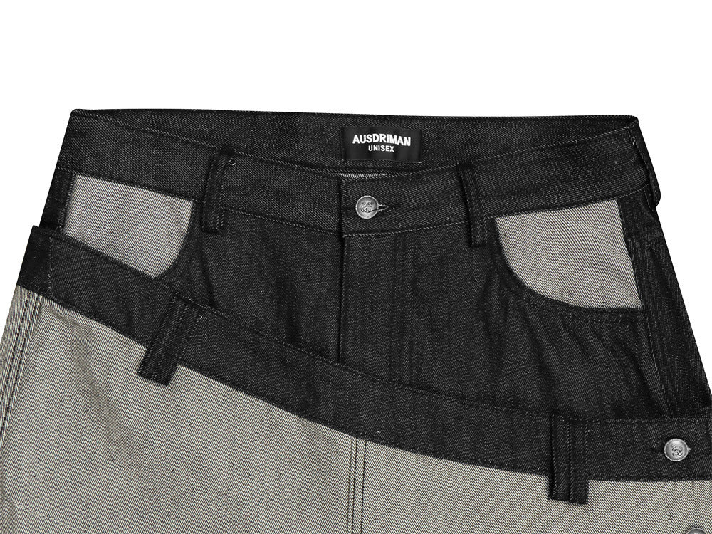 Jean en denim brut à double ceinture et jambes larges – Colorblock diagonal et broderie