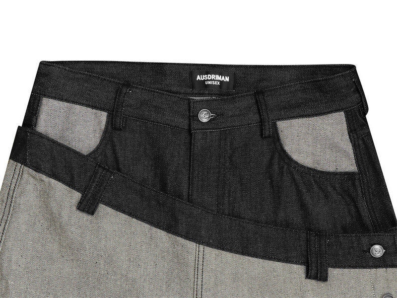 Jean en denim brut à double ceinture et jambes larges – Colorblock diagonal et broderie