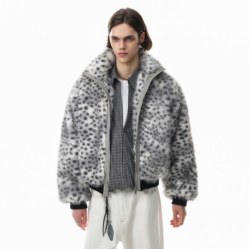 Faux Fur Leopard Print Bomber Jacket – Men's Oversized High-Collar Winter Coat