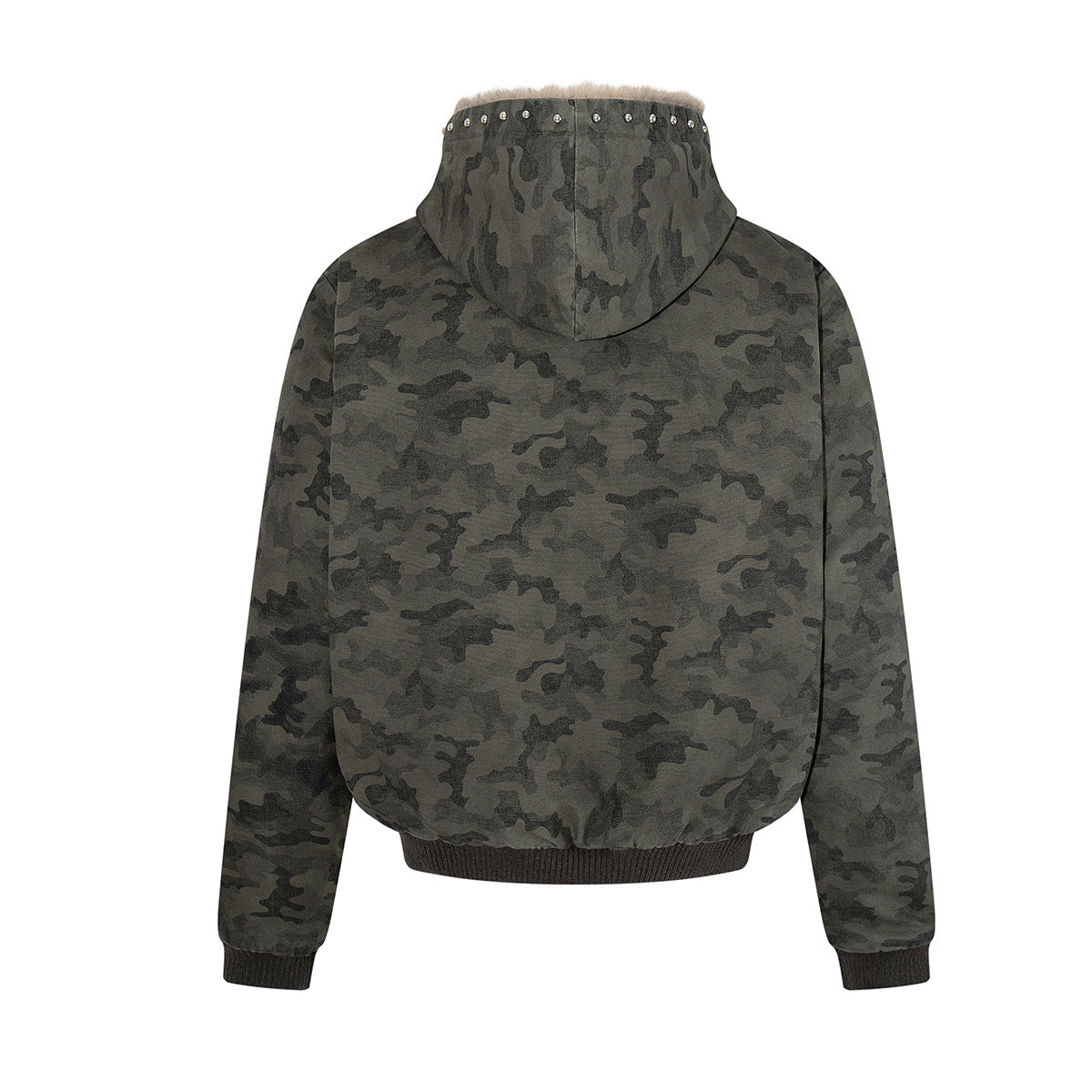 Camo Sherpa-Lined Hooded Bomber Jacket with Studded Hood