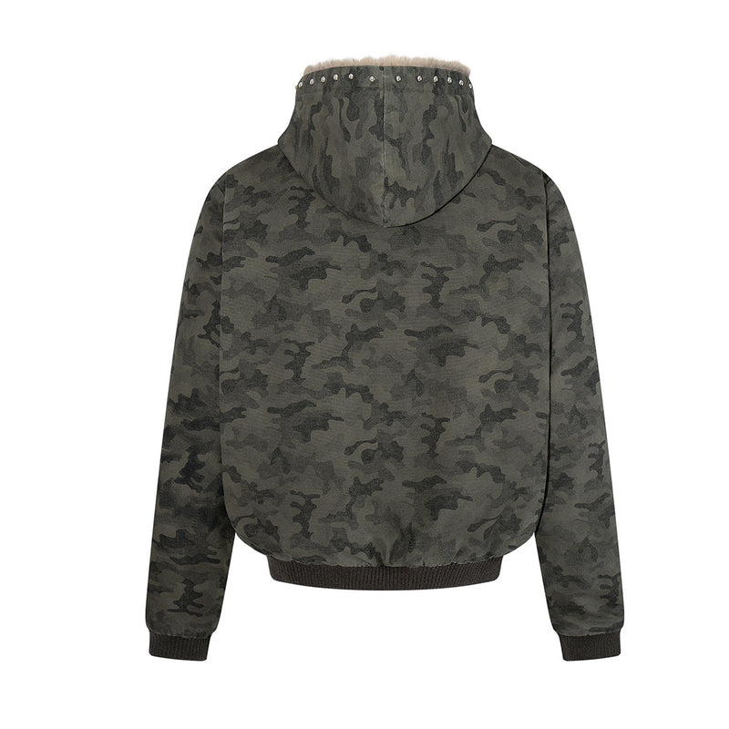 Camo Sherpa-Lined Hooded Bomber Jacket with Studded Hood
