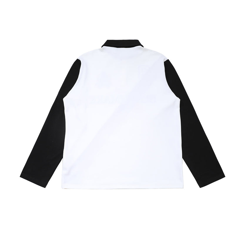 Benchmark Long-Sleeve Rugby Polo Shirt – Colorblock Diagonal Stripe & Crest