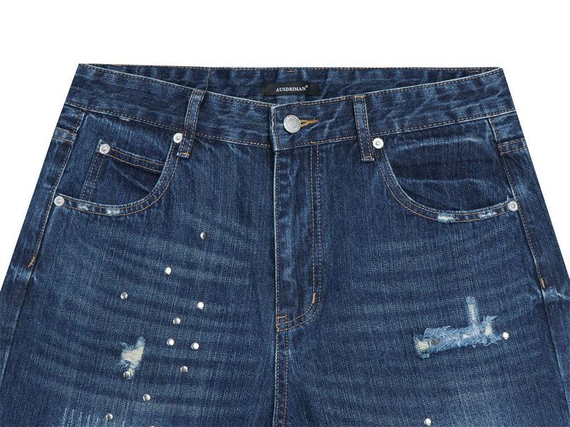 Herren-Bootcut-Jeans im Distressed-Look mit Nieten – Dunkelblauer Flare-Denim mit Karomuster