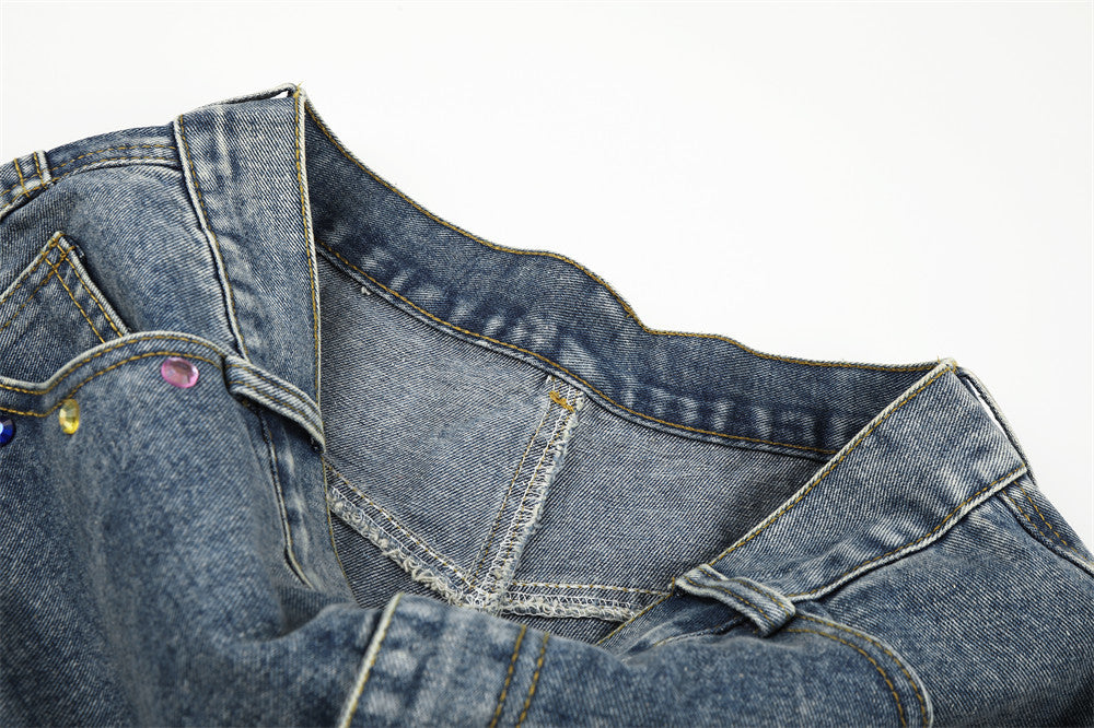 Men's Wide Leg Denim Shorts with Rhinestone Script Embroidery