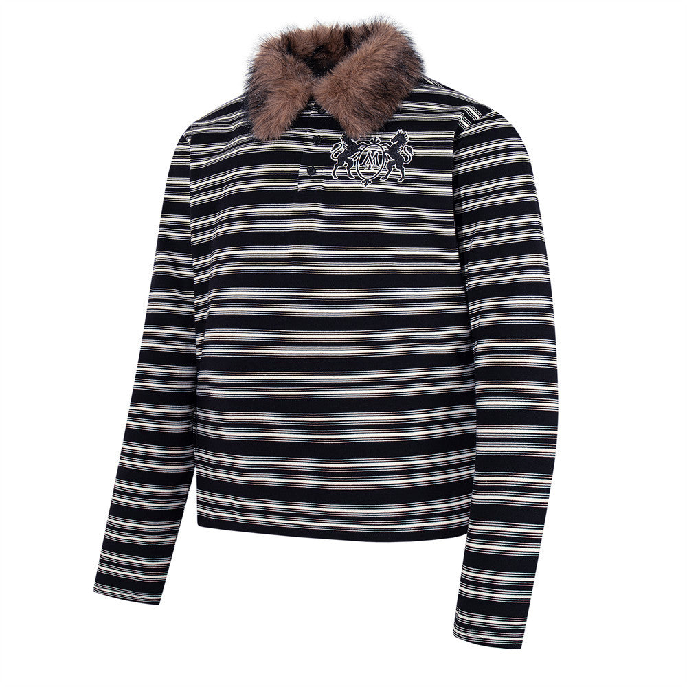 Men's Striped Long-Sleeve Polo Shirt with Detachable Faux-Fur Collar