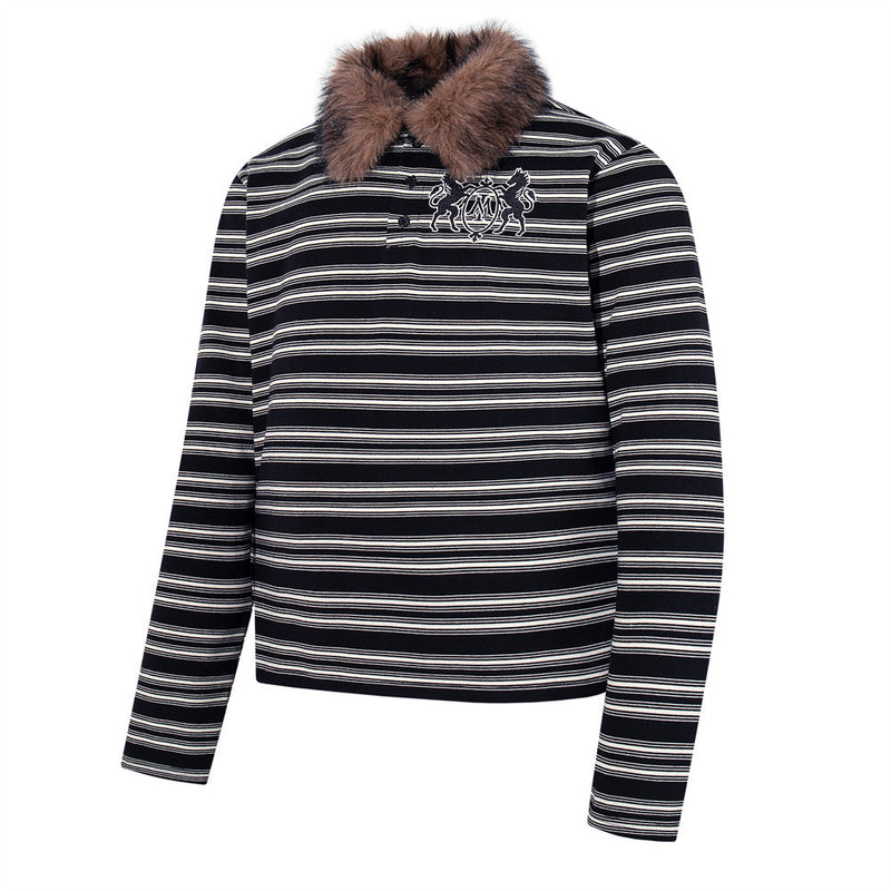 Men's Striped Long-Sleeve Polo Shirt with Detachable Faux-Fur Collar