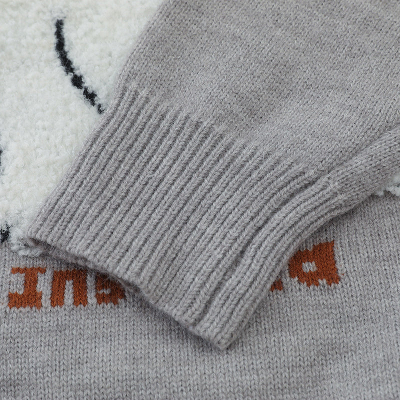 Cartoon Dog Jacquard Crew Neck Sweater – Oversized Knit Pullover