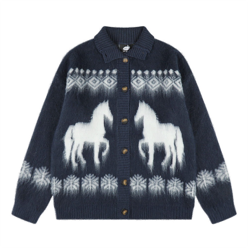 Cárdigan de punto extragrande para hombre con motivo jacquard de caballos y diseño Fair Isle, en azul marino, con siluetas de caballos blancos y borde de copos de nieve, fro