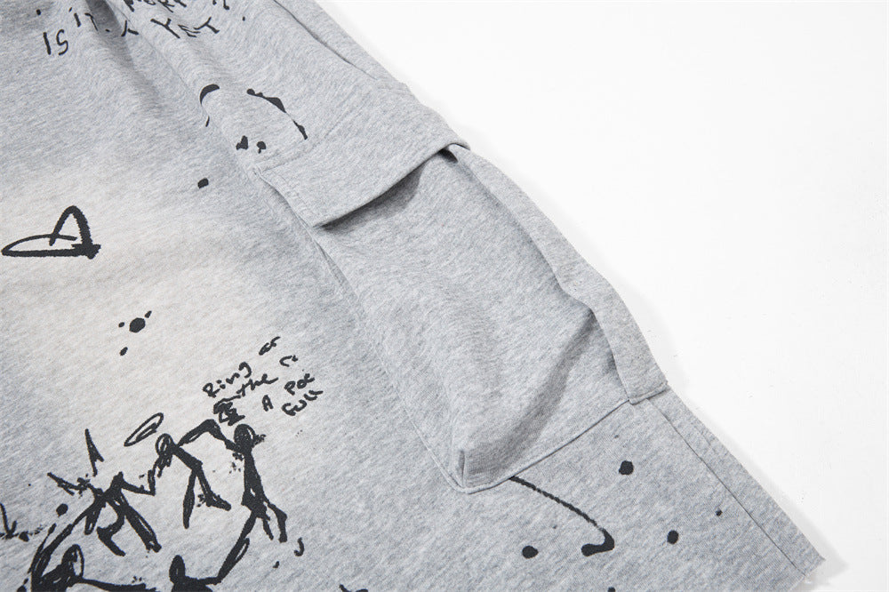 Hand-Drawn Graffiti Cargo Shorts – Wide Leg Streetwear with Rope Drawstring