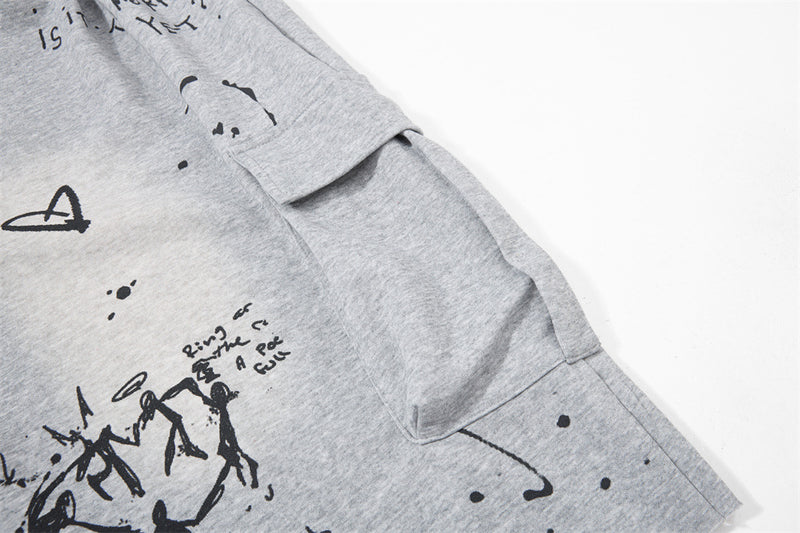 Hand-Drawn Graffiti Cargo Shorts – Wide Leg Streetwear with Rope Drawstring