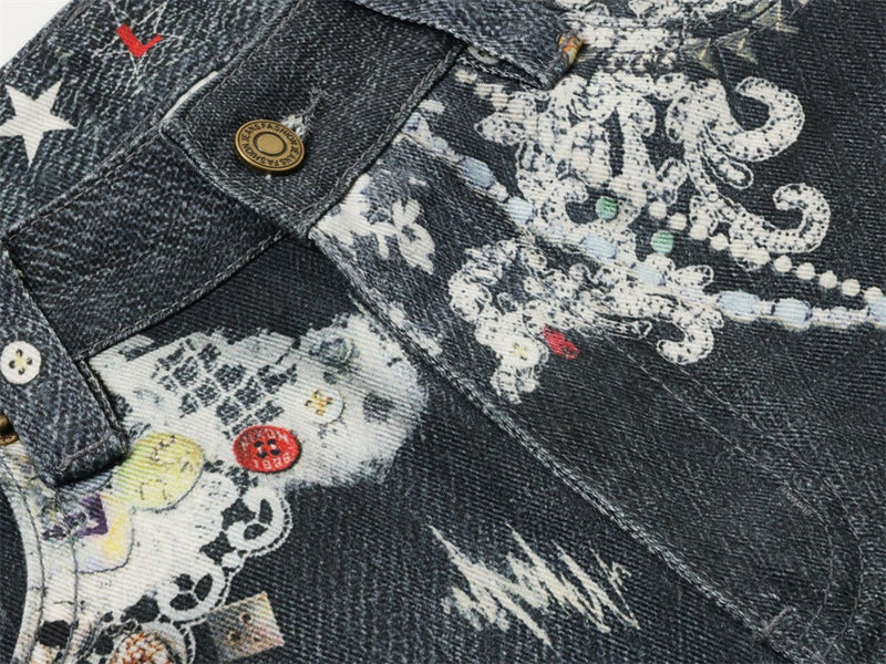Loose Jeans for Men – Graffiti 3D Print Wide-Leg Dark Wash Denim