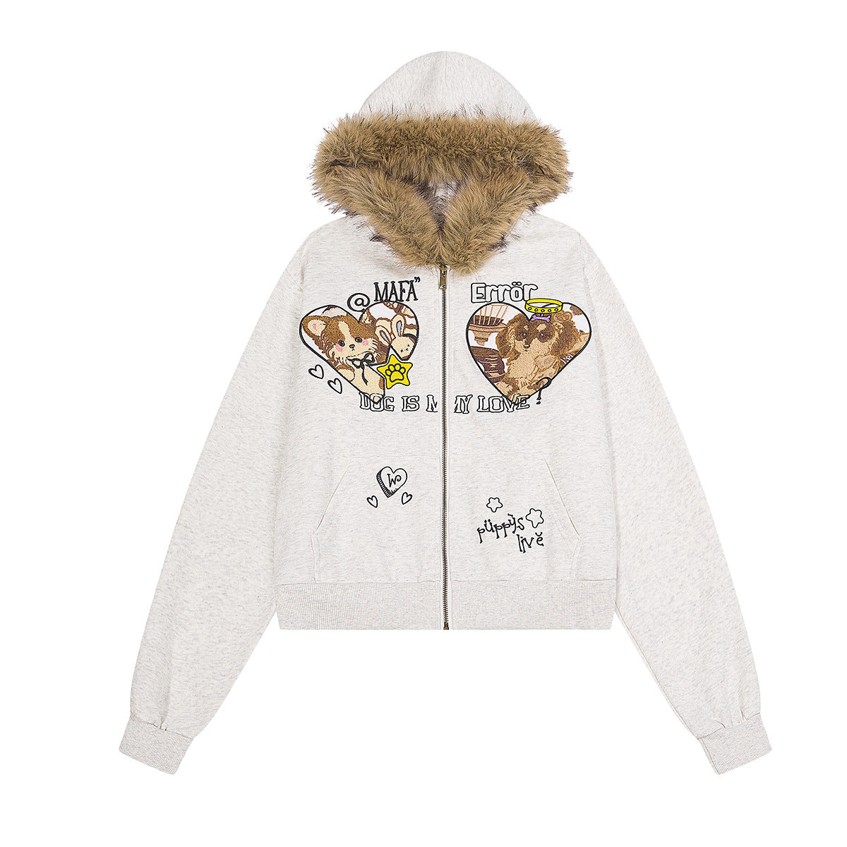 Sweat à capuche zippé raccourci gris chiné, bord de capuche en fausse fourrure et patchs brodés de chiots cartoon en forme de cœur