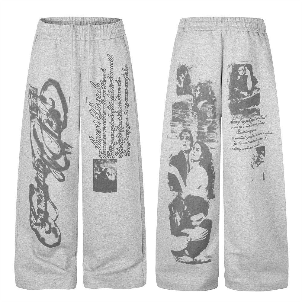 Wide-Leg Sweatpants with Graffiti Script & Vintage Photo Print – Heather Grey