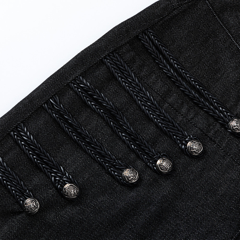 Men's Black Wide-Leg Jeans with Double-Breasted Buttons & Braided Detail
