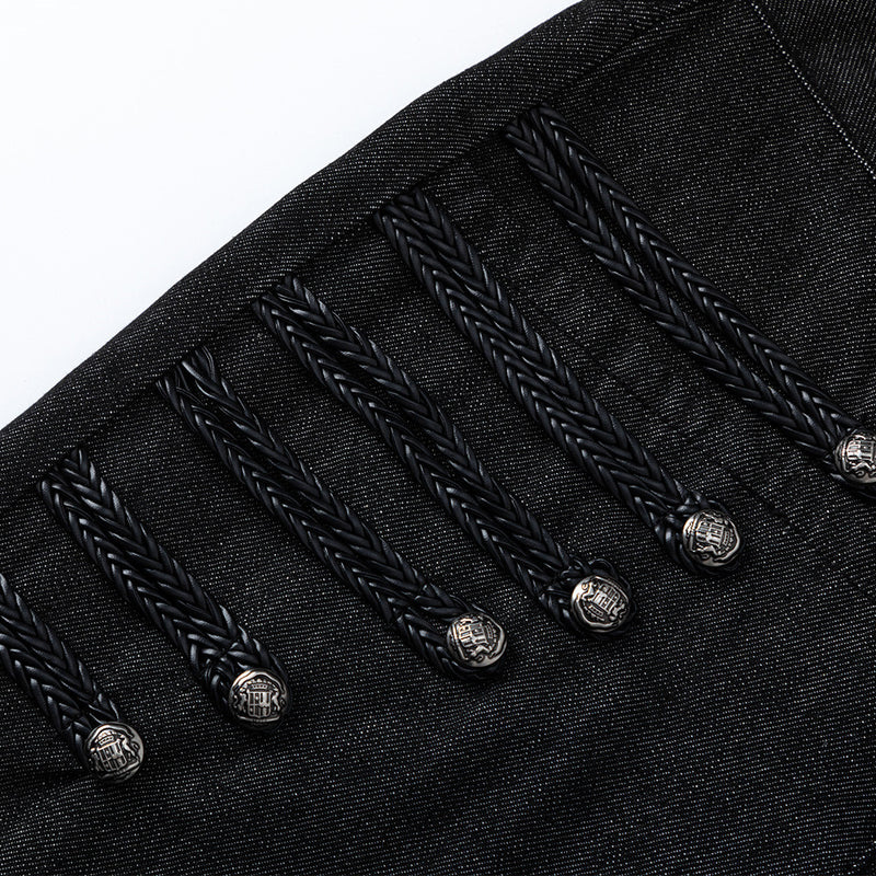 Men's Black Wide-Leg Jeans with Double-Breasted Buttons & Braided Detail