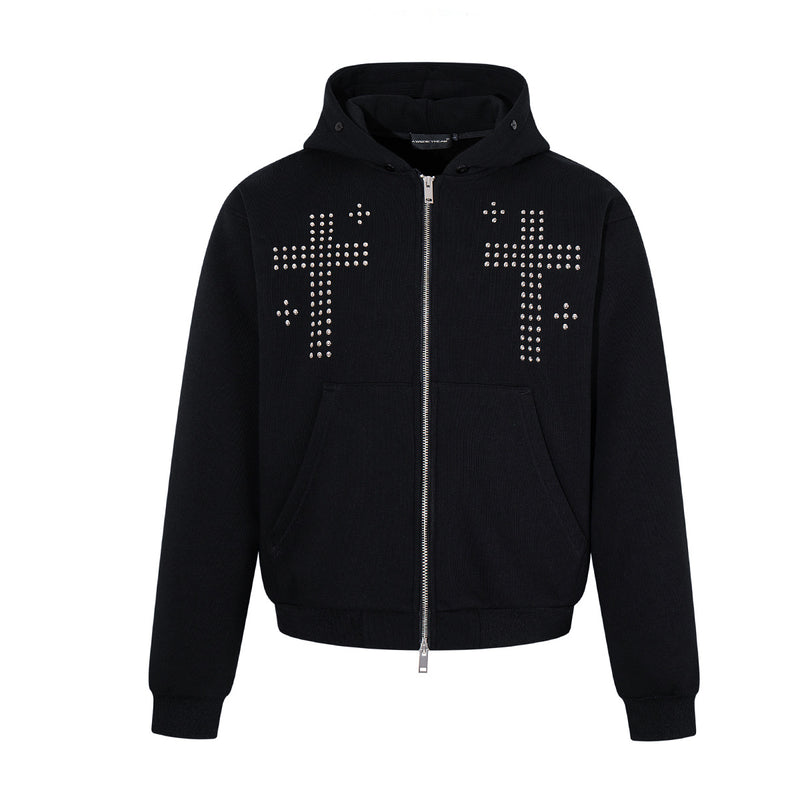 Black Zip-Up Hoodie with Faux Fur Hood & Silver Cross Studs