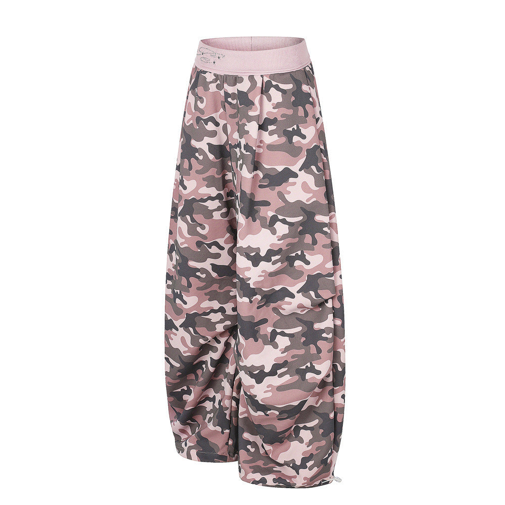 Men's Relaxed Fit Camo Wide-Leg Pants with Elastic Waistband & Ruched Hem
