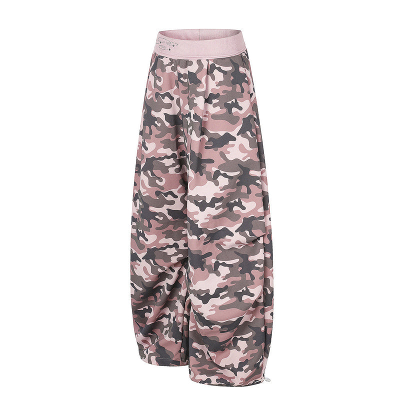 Men's Relaxed Fit Camo Wide-Leg Pants with Elastic Waistband & Ruched Hem