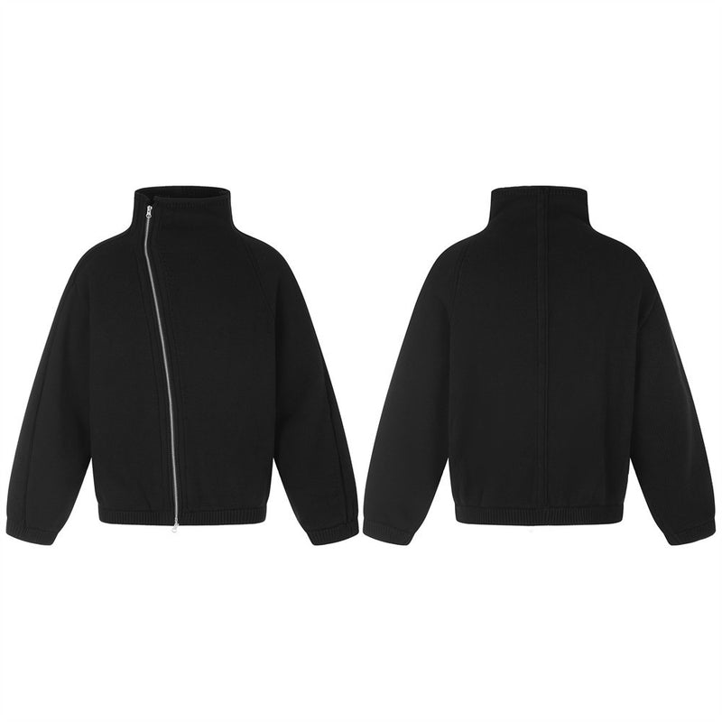 Veste en maille noire pour homme à col montant et zip diagonal asymétrique