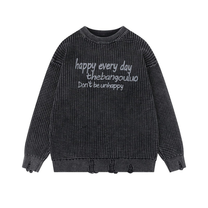 Men's Washed Distressed Waffle Knit Sweater with Graphic Lettering