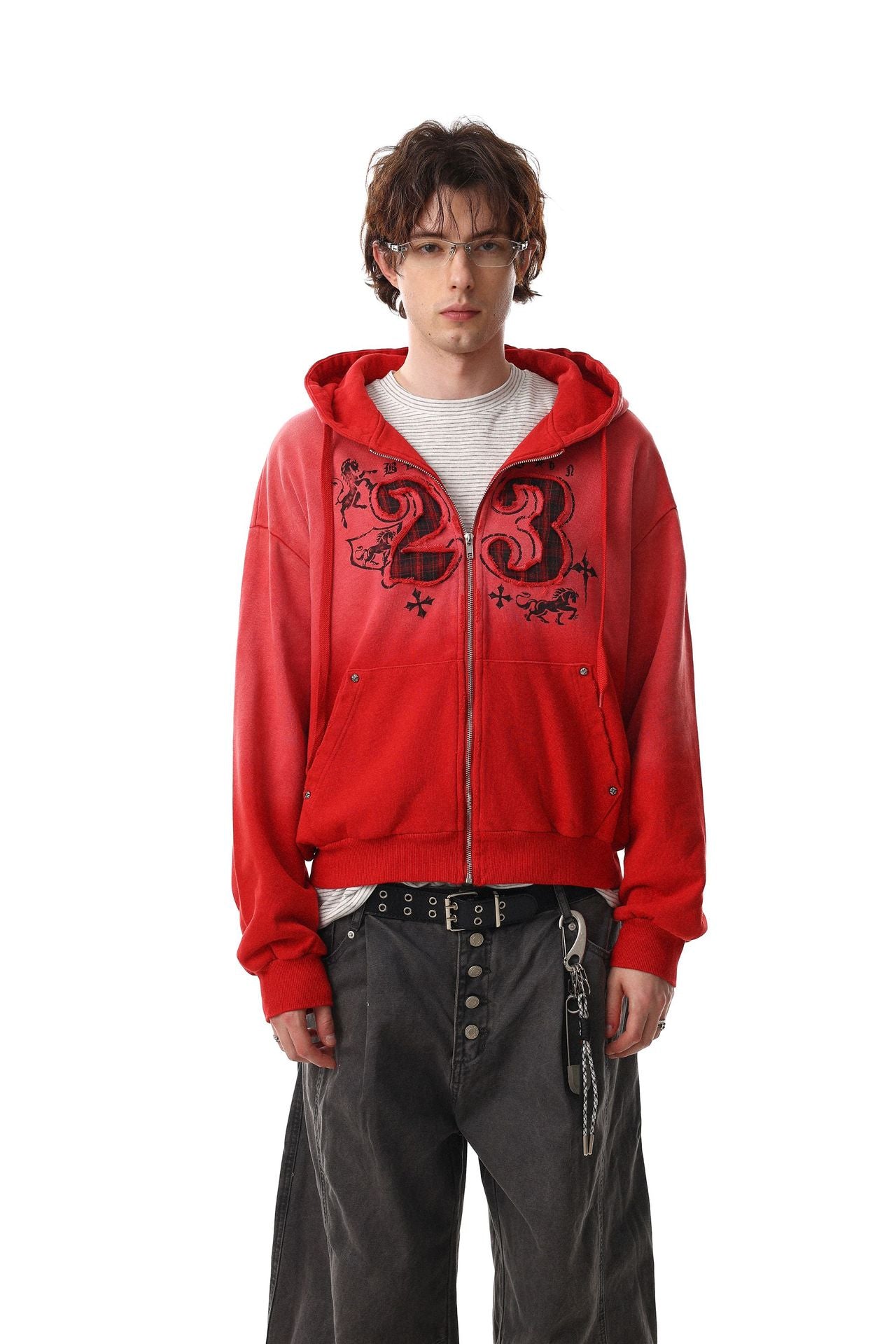 Zip-Hoodie Number 23 mit Karomuster-Applikqué und Stickerei – Gewaschener Streetwear-Look