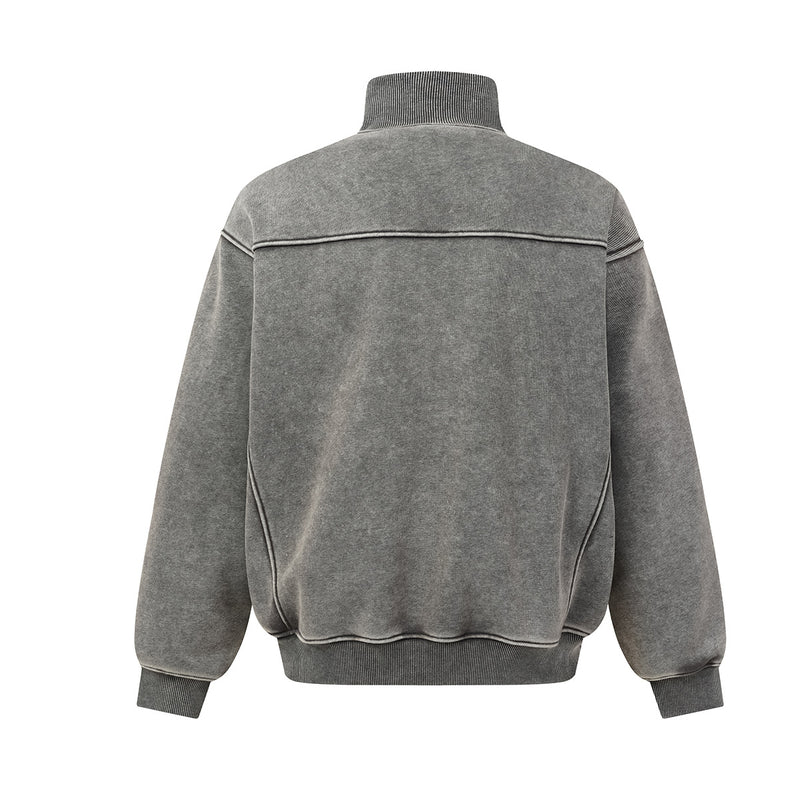 Acid Wash Zip-Up Fleece Jacket – Stand Collar, Vintage Moto Style
