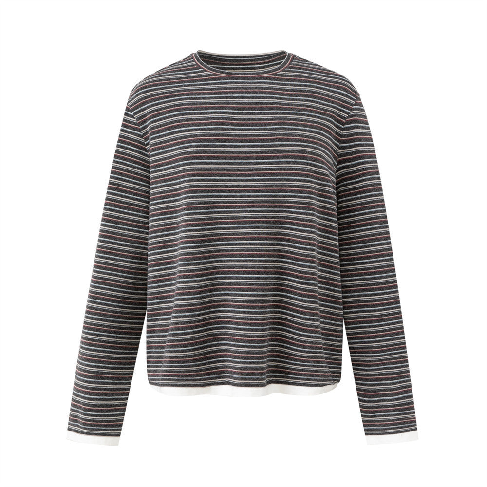Loose long sleeve striped crewneck shirt with faux layered white hem detail, shown front and back